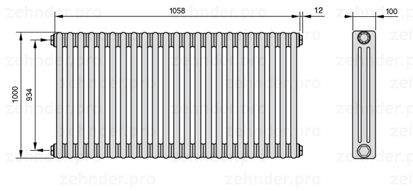 Схема (чертеж) Радиатор Zehnder Charleston 3100/23 №1270 Белый глянцевый RAL 9016